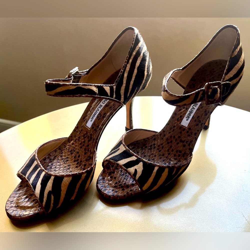 Manolo Blahnik Snakeskin & Zebra Print
Cowhide Heels with Ankle Strap, Sz 38.5.